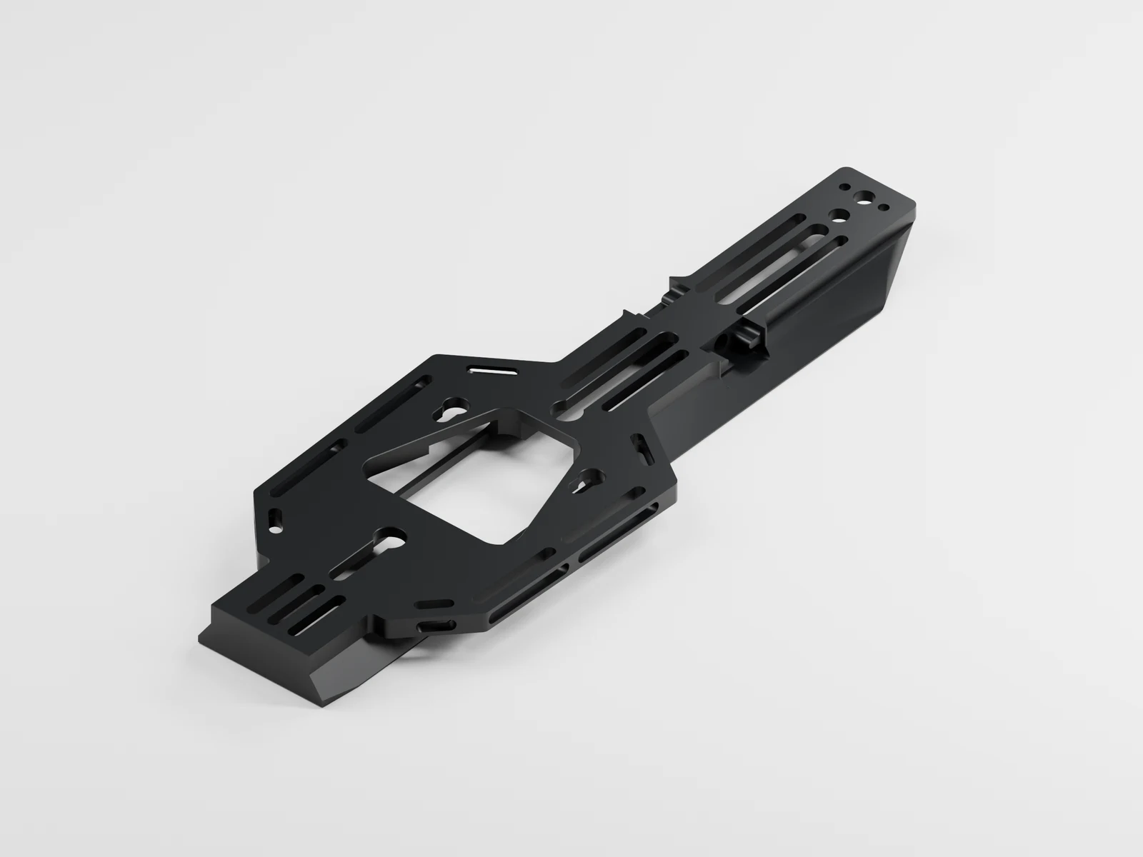Professional Base Plate, three-quarter view, black anodised aluminium. 3D render.