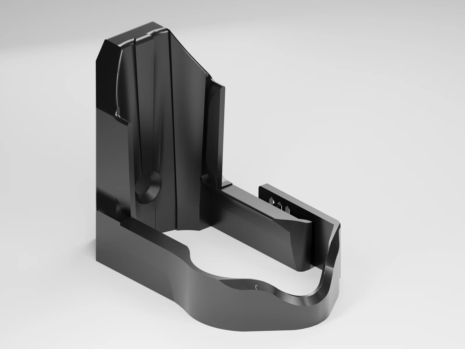 Quick Rig Holder, three-quarter view, black tpu 95a. 3D render.