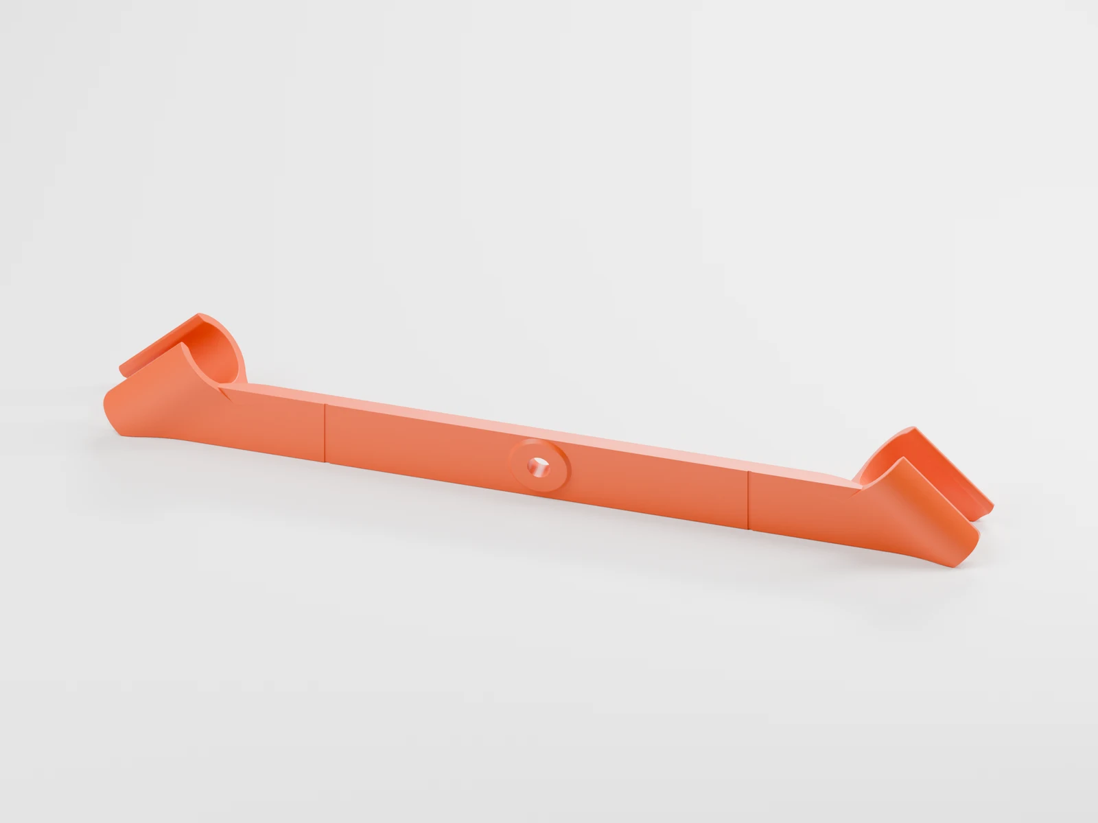 Stereo Mic Bracket, three-quarter view, orange petg high flow. 3D render.